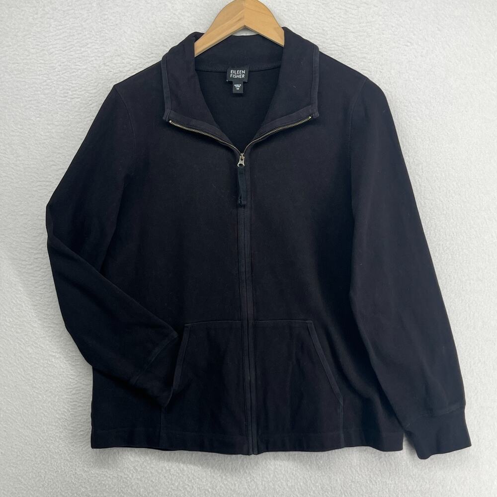 EILEEN FISHER Jacket M Heavy Brushed Jersey Cotton Mock Neck Full Zip Black